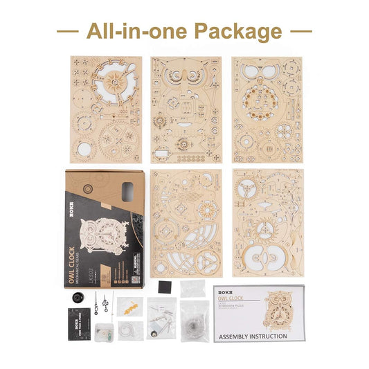 ROKR 3D Wooden Puzzles for Adults Owl Clock - Mechanical Model Building Kit DIY Hobbies for Men Women 161PCS Clock Puzzle Creative Craft Gift Home Decor for Family