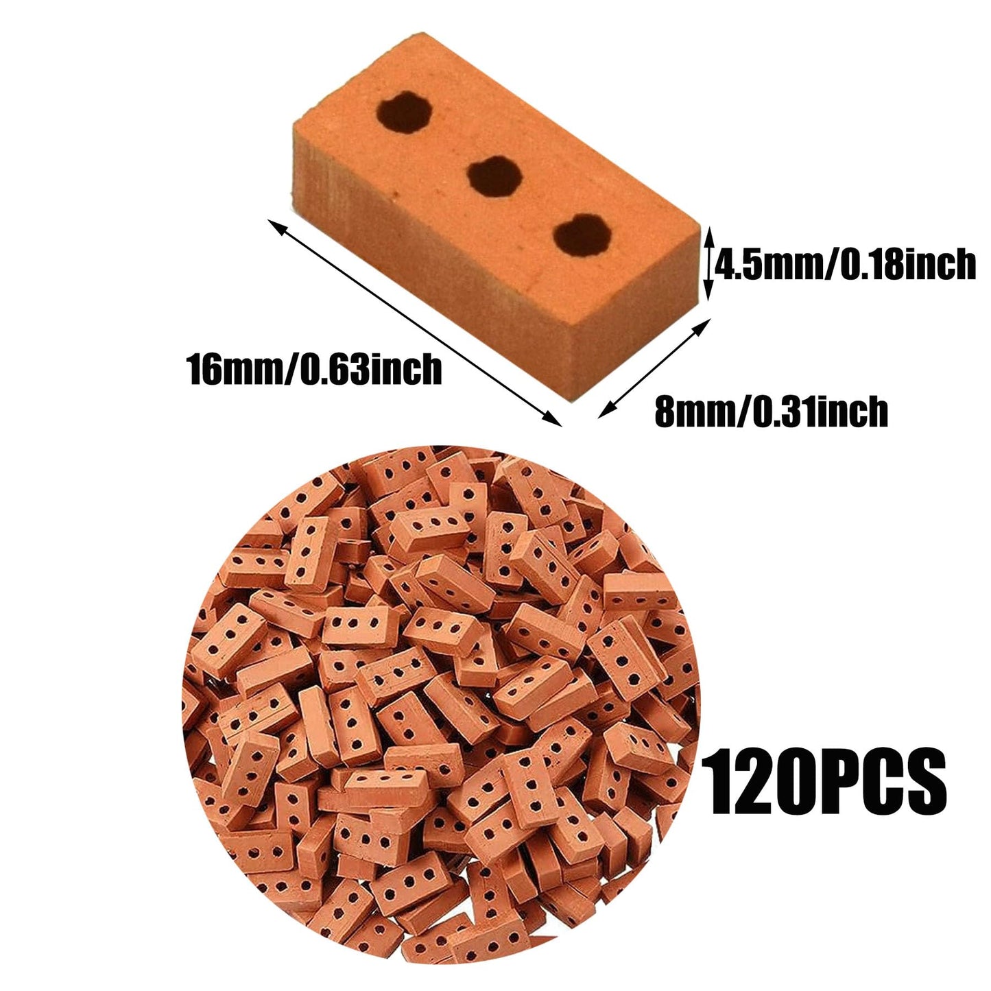 Cayway 120 PCS Mini Bricks for Landscaping, Crafts & Dollhouses - Realistic Fake Bricks with 3 Holes - Mini Red