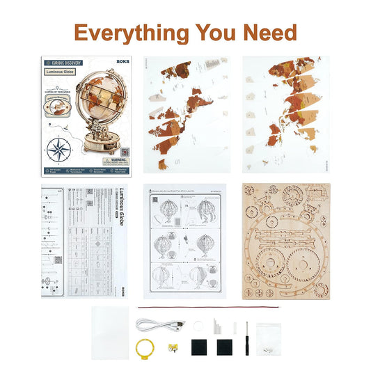 ROKR 3D Wooden Puzzles for Adults Illuminated Globe with Stand 180pcs 3D Puzzles Built-in LED Model Kit Hobby Gifts for Adults Home Decor