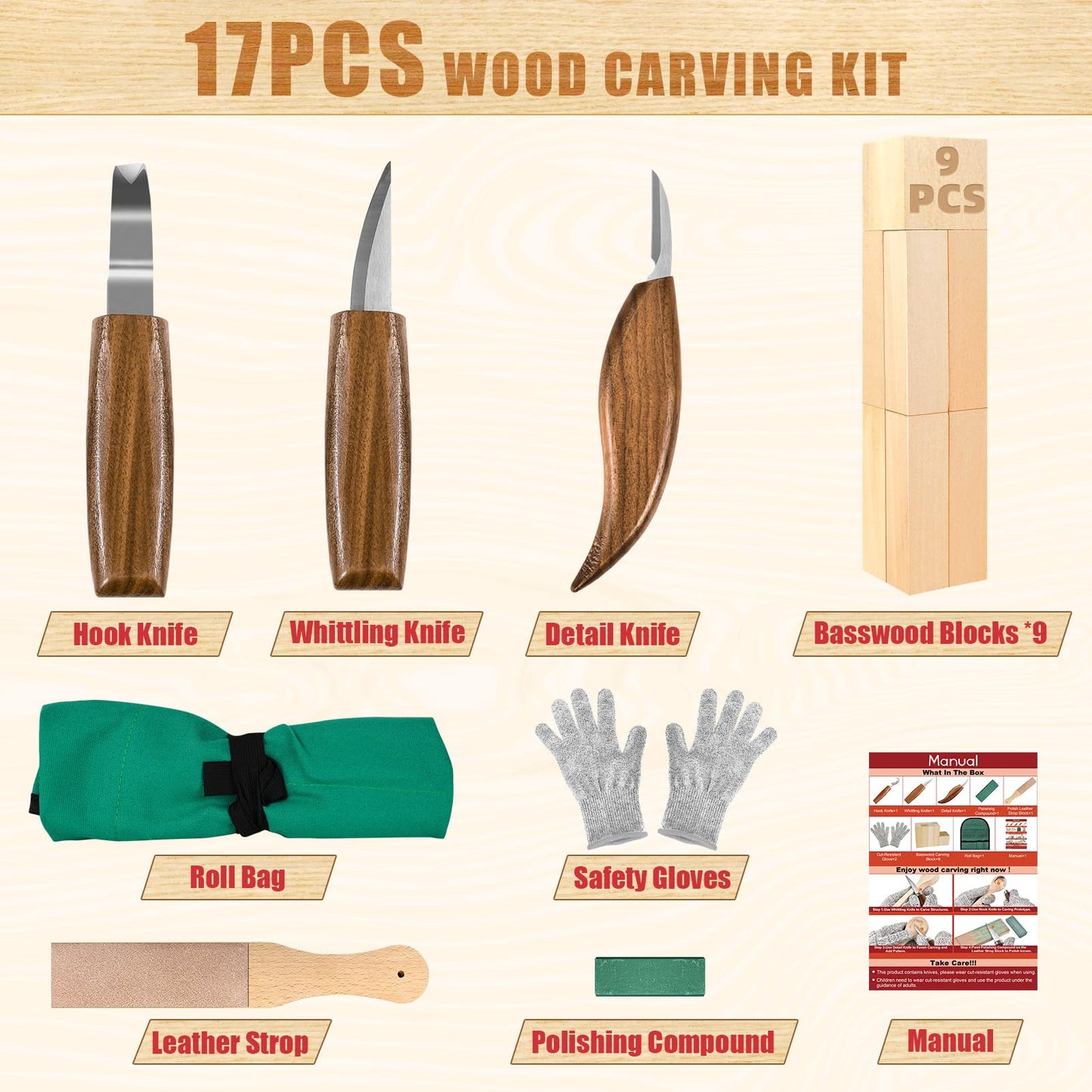 Wood Carving Kit, Whittling Kit for Beginners 17PCS Wood Carving Tools with 3PCS Whittling Knife 9PCS Basswood Blocks & Gloves & Strop Block & Polishing Compound Wood Carving Set Hobbies for Adults