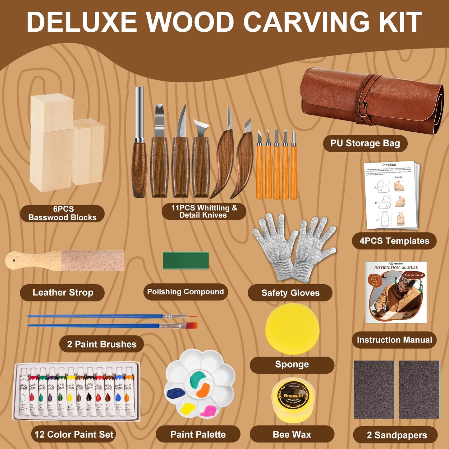 Wood Carving Kit, 46Pcs Wood Carving Tools with 6pcs Whittling Knives & 5pcs Detail Knives &12 Color Paint Set & Beewax, Whittling Kit for Beginners and Enthusiasts