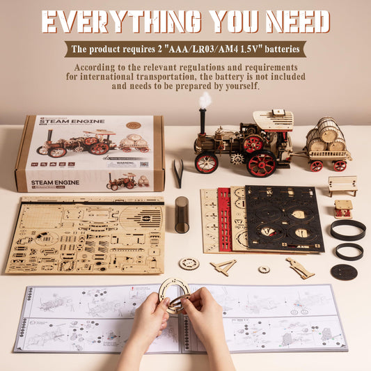 rowood 3D Wooden Puzzles for Adults, Steam Engine Car Model Kit, 1:28 Scale Mechanical Steam Locomotive Wooden Puzzle, 469PCS,Assembly Time 6H, Awesome Gifts for Adults