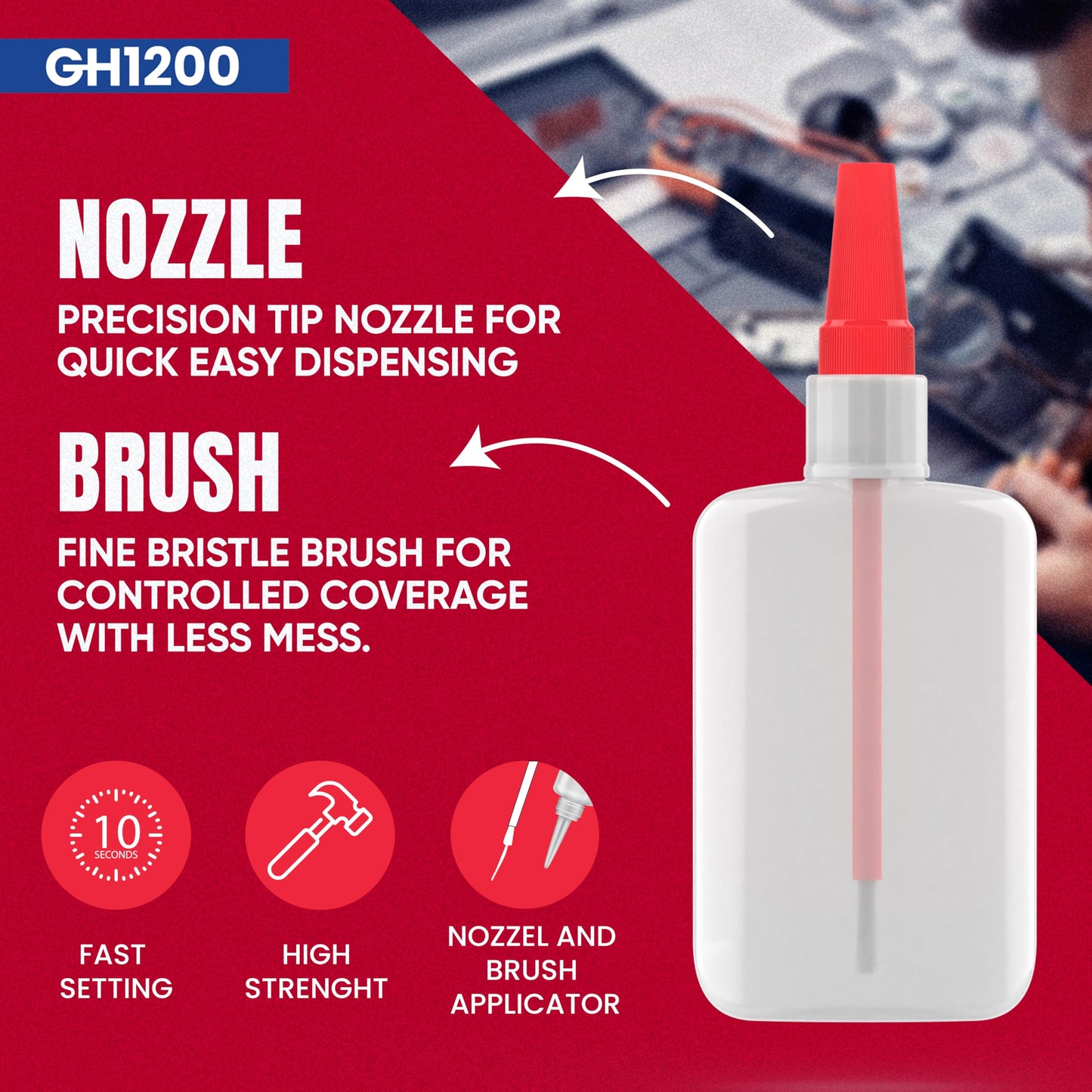 GH1200 (2-in-1) Super Glue with Brush Applicator & Nozzle, Mess Free Superglue Brush, Instant Never Dries, 3000 CPS Ca Glue, No Stain Clear Glue, Super Glue for Plastic, Rubber & More
