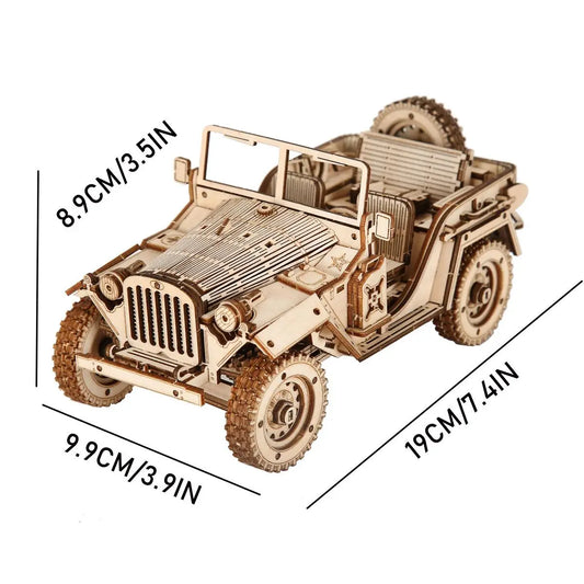 A completed vintage race car 3D wooden puzzle with detailed spoked wheels and open-cockpit design, displayed on a professional office desk.