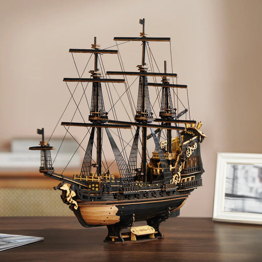 A professional close-up of the completed ROKR Seahorse Barque pre-colored 3D wooden puzzle, showcasing intricate baroque details and gold accents.
