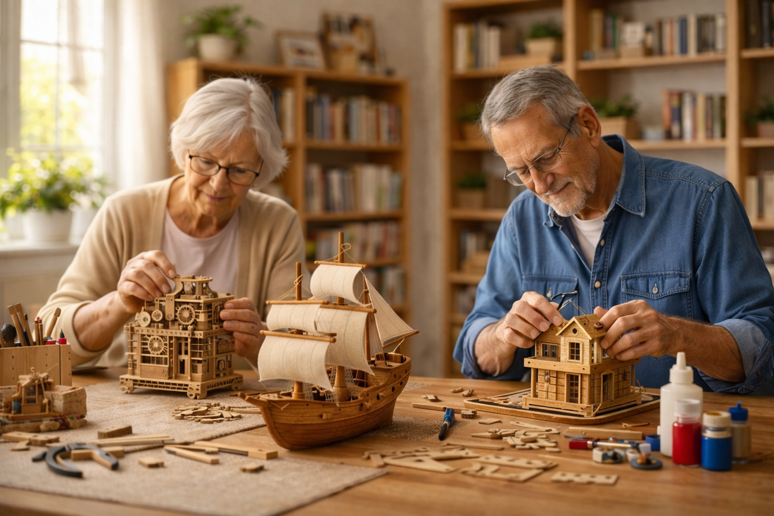 Seniors enjoying mindful hobbies by building wooden model kits together in a bright home workshop, promoting focus, creativity and emotional well-being
