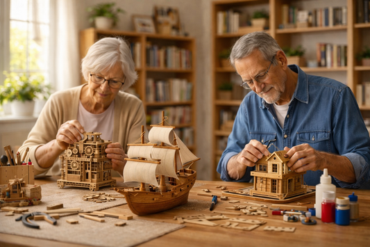 Seniors enjoying mindful hobbies by building wooden model kits together in a bright home workshop, promoting focus, creativity and emotional well-being