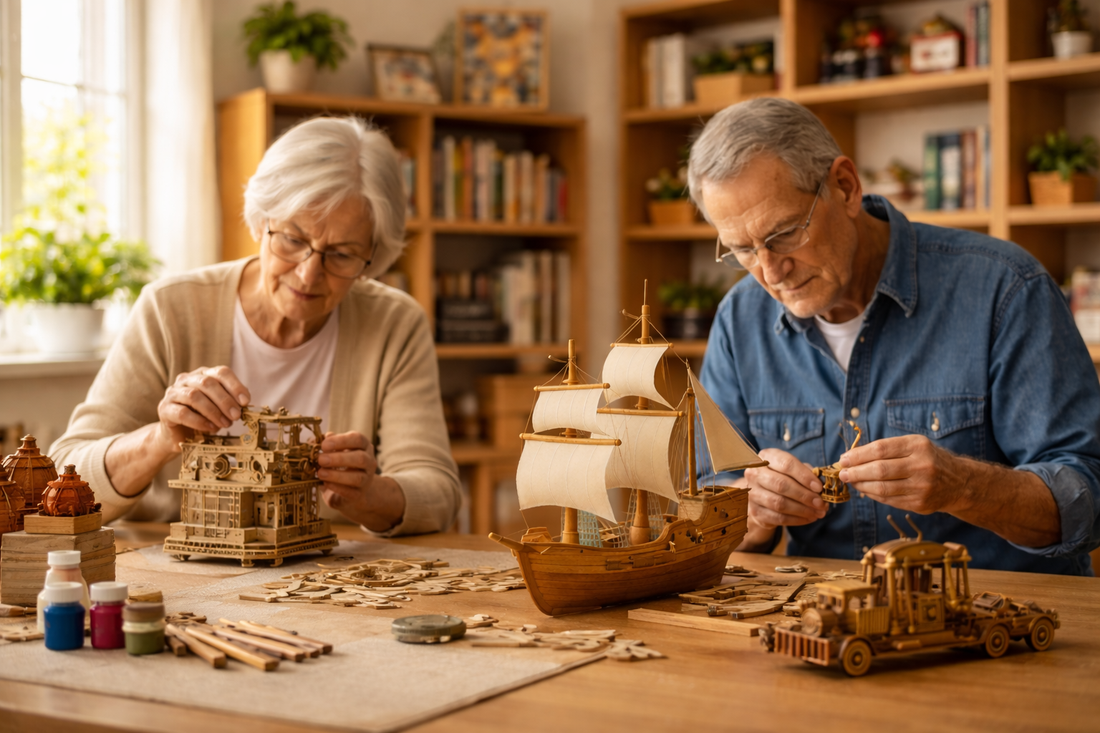 Seniors enjoying a mindful hobby by assembling wooden model kits in a bright, peaceful home library environment.