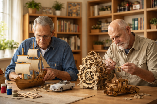 Retirees enjoying a calm, hands-on hobby building wooden puzzles that support focus, creativity and emotional wellbeing.