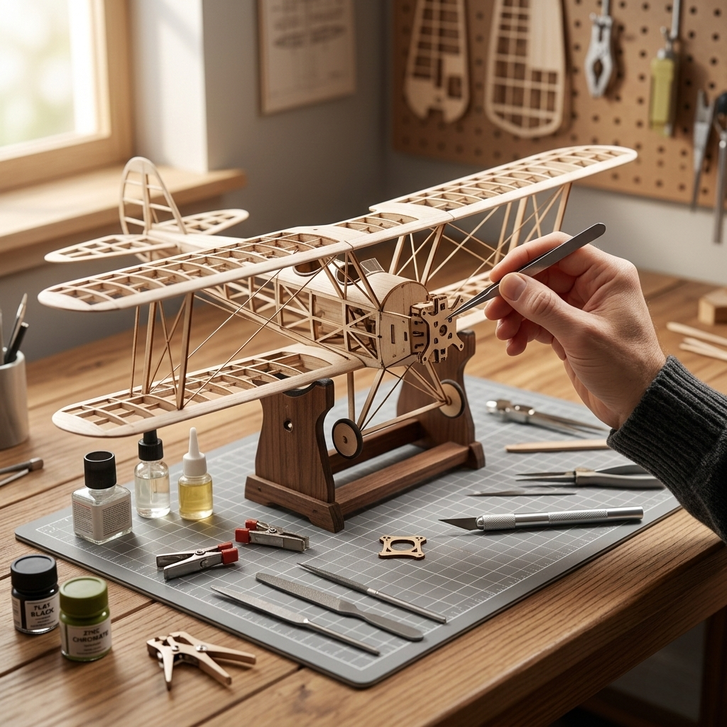 Close-up of an adult hobbyist using precision tweezers to assemble an intricate balsa wood biplane model on a professional workbench with specialized tools.