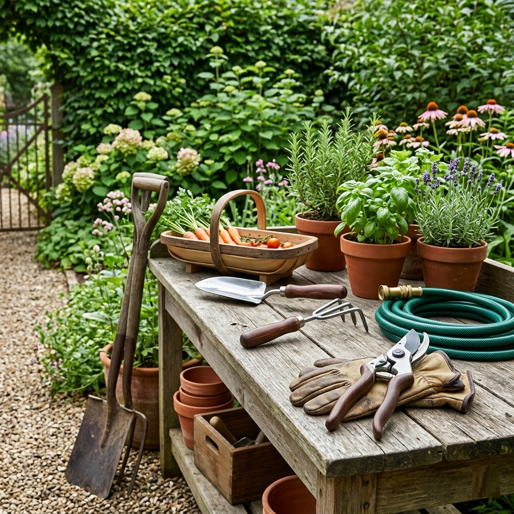 A selection of durable gardening tools, including a polished hand trowel, pruning shears, and leather gloves, resting on a rustic wooden bench next to a potted herb in a sunlit backyard garden, showcasing quality garden equipment.