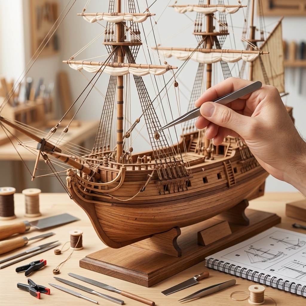 Close-up of a highly detailed wooden model ship under construction, featuring intricate rigging and wood grain textures on a professional workbench.