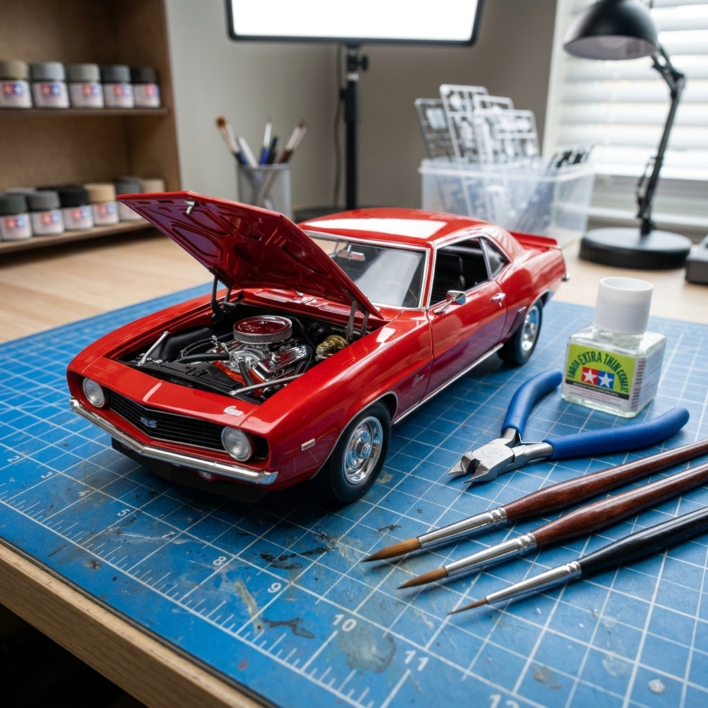 Close-up of a professional scale model car build, featuring a red 1:24 muscle car with chrome engine parts on a blue cutting mat with fine brushes.
