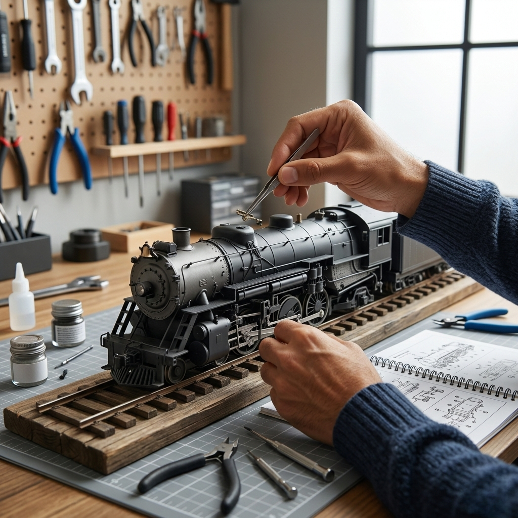 Adult hands placing a tiny detail part on a complex, fully detailed steam locomotive model on a wooden track base, capturing focus and craftsmanship.
