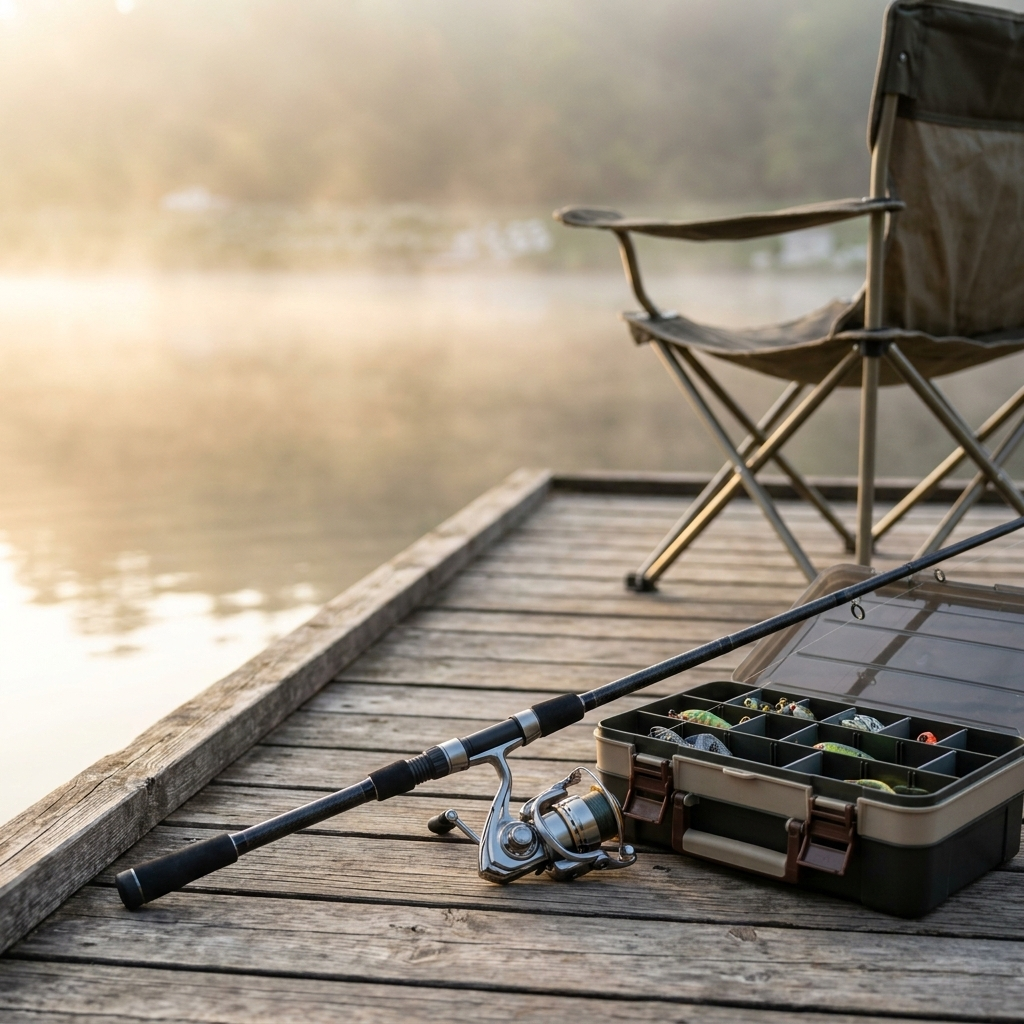 A high-end fishing rod and reel resting on a professional tackle box next to a serene lake at sunrise, emphasizing a relaxing hobby environment.