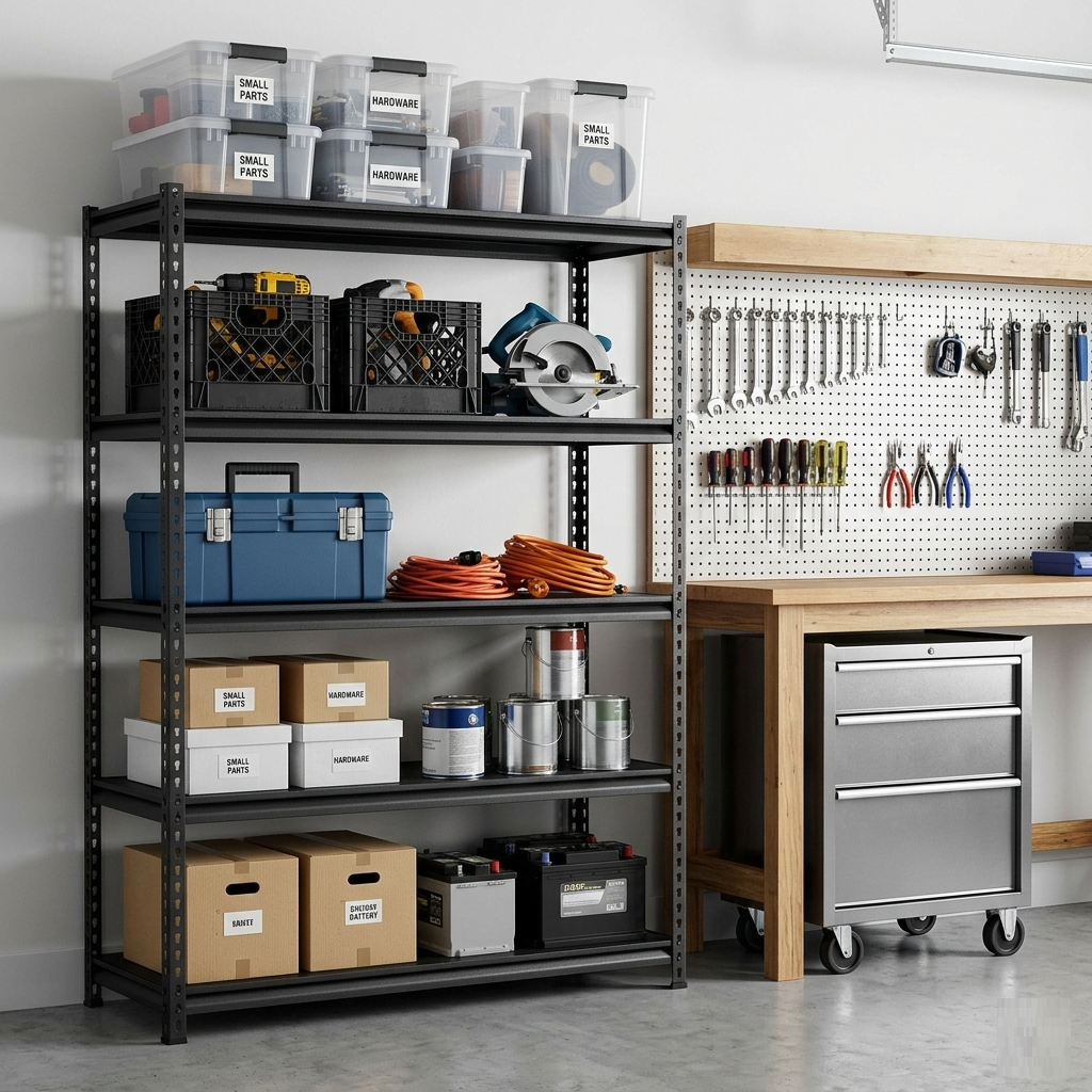 Modern garage interior featuring heavy-duty black metal shelving units organized with toolboxes and storage bins, showcasing professional home and workshop storage solutions.