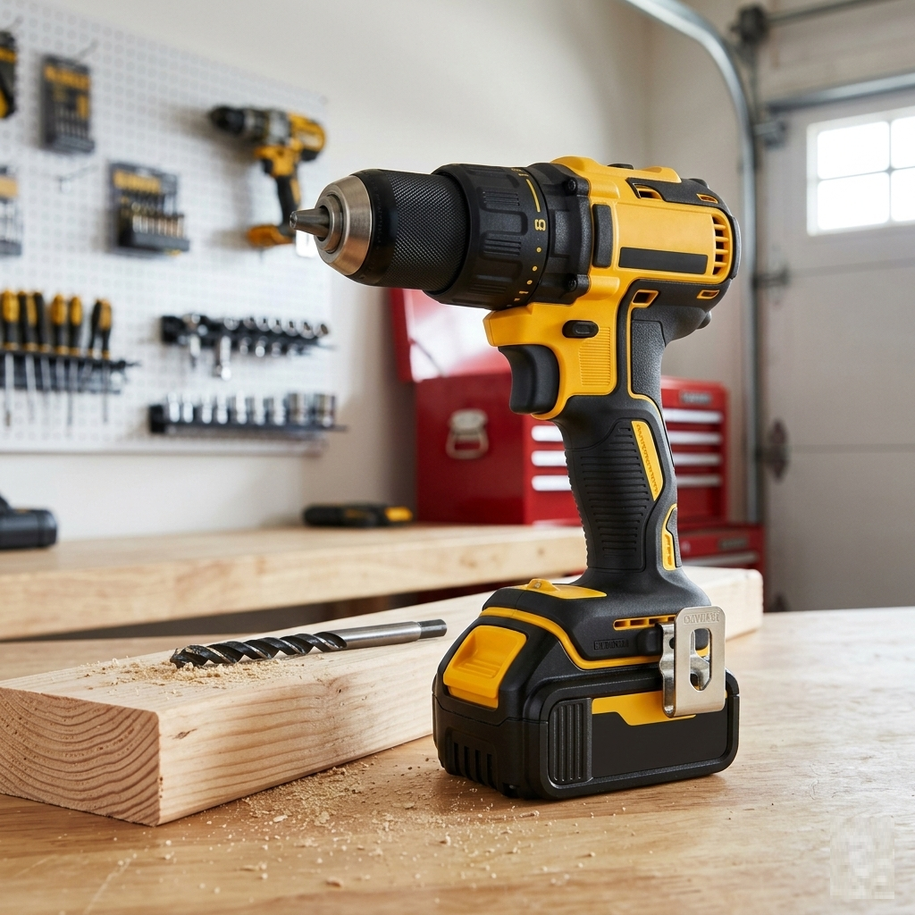 A modern yellow and black cordless power drill standing on a wooden workbench in a professional home workshop.