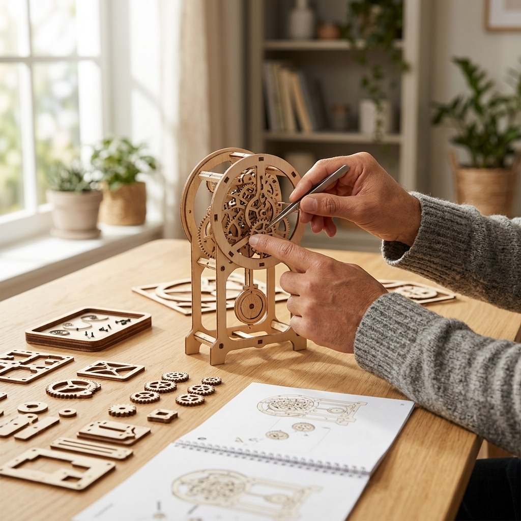 Adult hands assembling a complex wooden mechanical clock kit on a clean table, showcasing a hobby for brain health and focus.