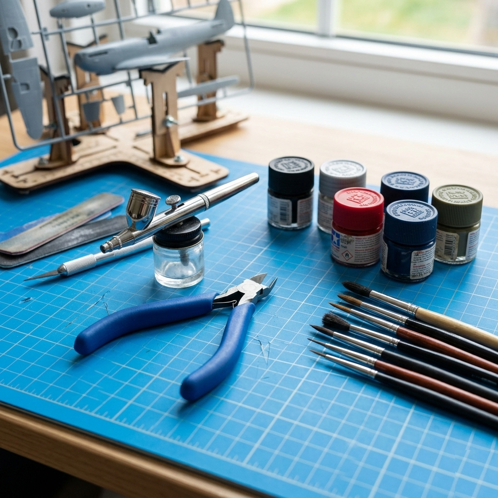 Detailed view of professional scale modeling tools including an airbrush, precision nippers, and hobby paints on a blue cutting mat.