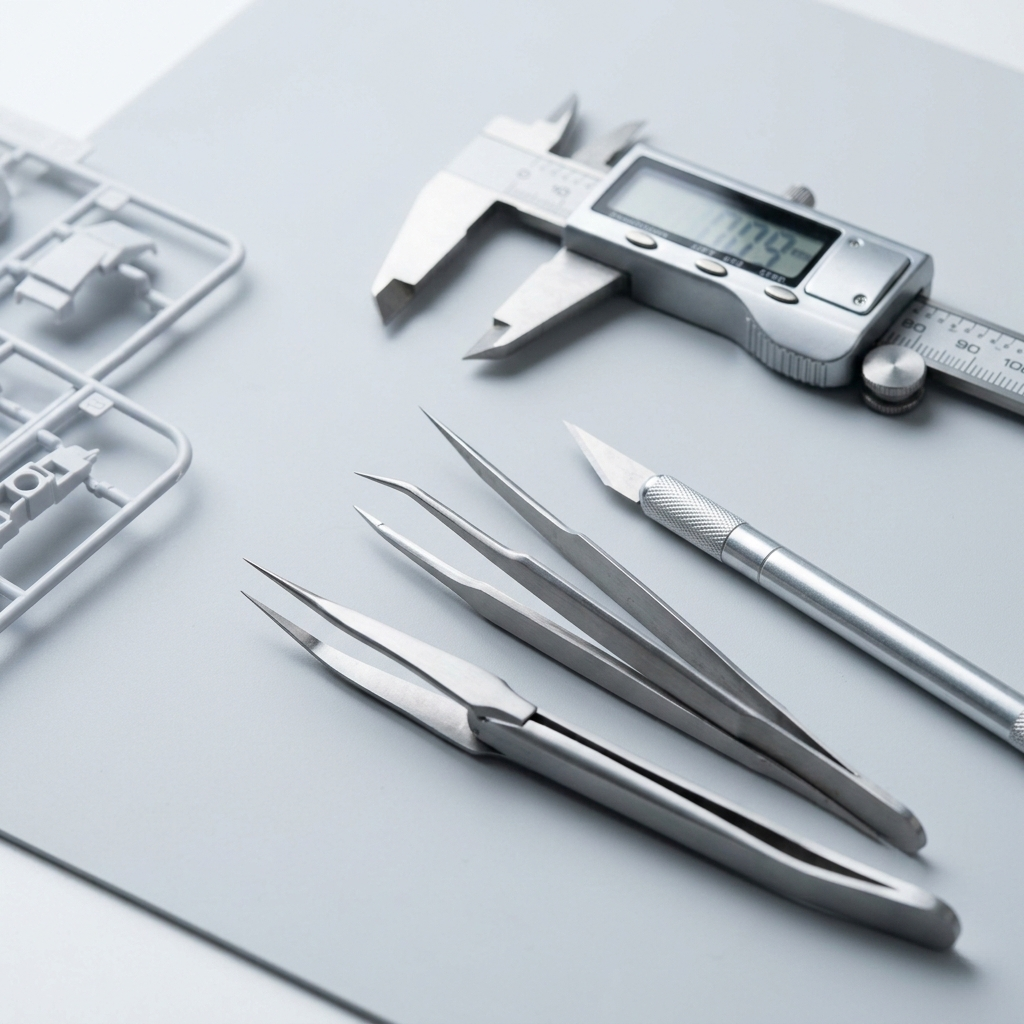 Professional precision tool set with digital calipers and hobby knife on a technical mat for model building