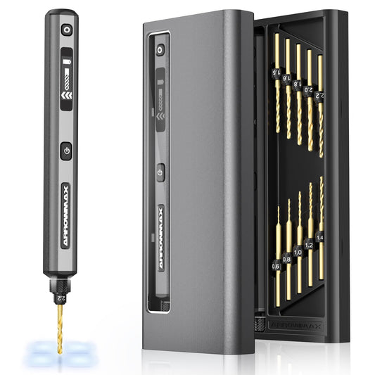 AM ARROWMAX Mini Drill Pen, 5-Speed, LED Lights, OLED Display, Aluminium Box, Resin Drill Set With 10 Small Bits, 3/32-Inch Shank, For Jewelry Making, Wood, Plastic,(SDS)