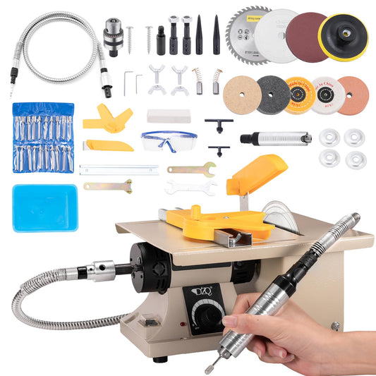 DZQ 69Pcs Accs Mini Table Saw Jewelry Making Polisher w/Flex Shaft Multifunctional Bench Grinder Sander Buffing Machine Woodworking Tool 10,000Rpm 750W