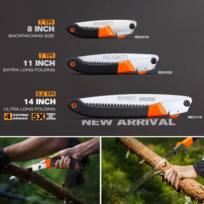 REXBETI Folding Saw, Extra Long 14 Inch Blade Backpacking Saws for Hiking Camping, Dry Wood Trimming Pruning Saw With 4 Cutting Angle Hard Teeth, Large Garden Saws with SK-5 Steel