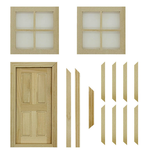 Cayway 2 PCS Dollhouse Windows, 1 PCS Miniature Wooden Door,1:12 Scale Mini Window Frame for DIY Dollhouse or Model Town Accessory