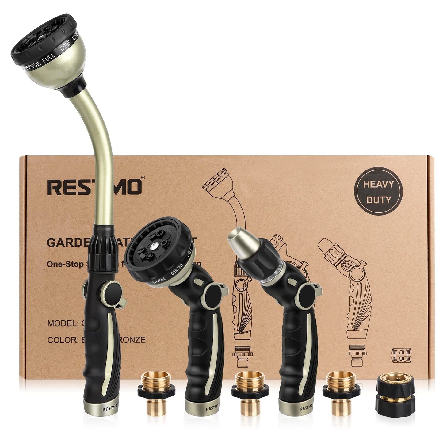 RESTMO Garden Watering Combo, Heavy Duty Hose Sprayer | Metal Hose Wand | High Pressure Hose Nozzle, Thumb Flow Control, Quick Connect Fittings Included, Easy to Reach Anywhere in Garden & Lawn