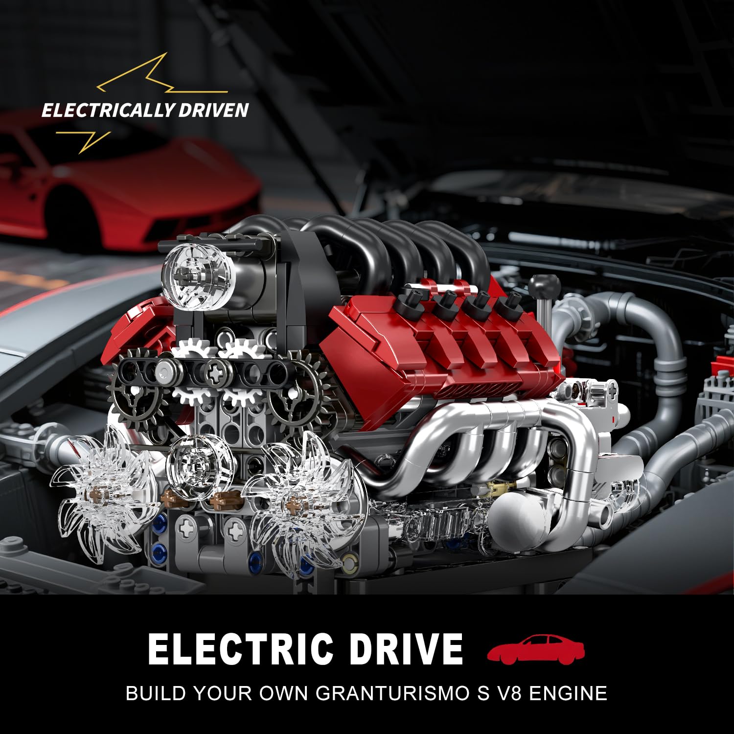 Adult hobbyist turning the crank of a Mould King V8 — manual dexterity and mechanical physics activity — Freetimejoy