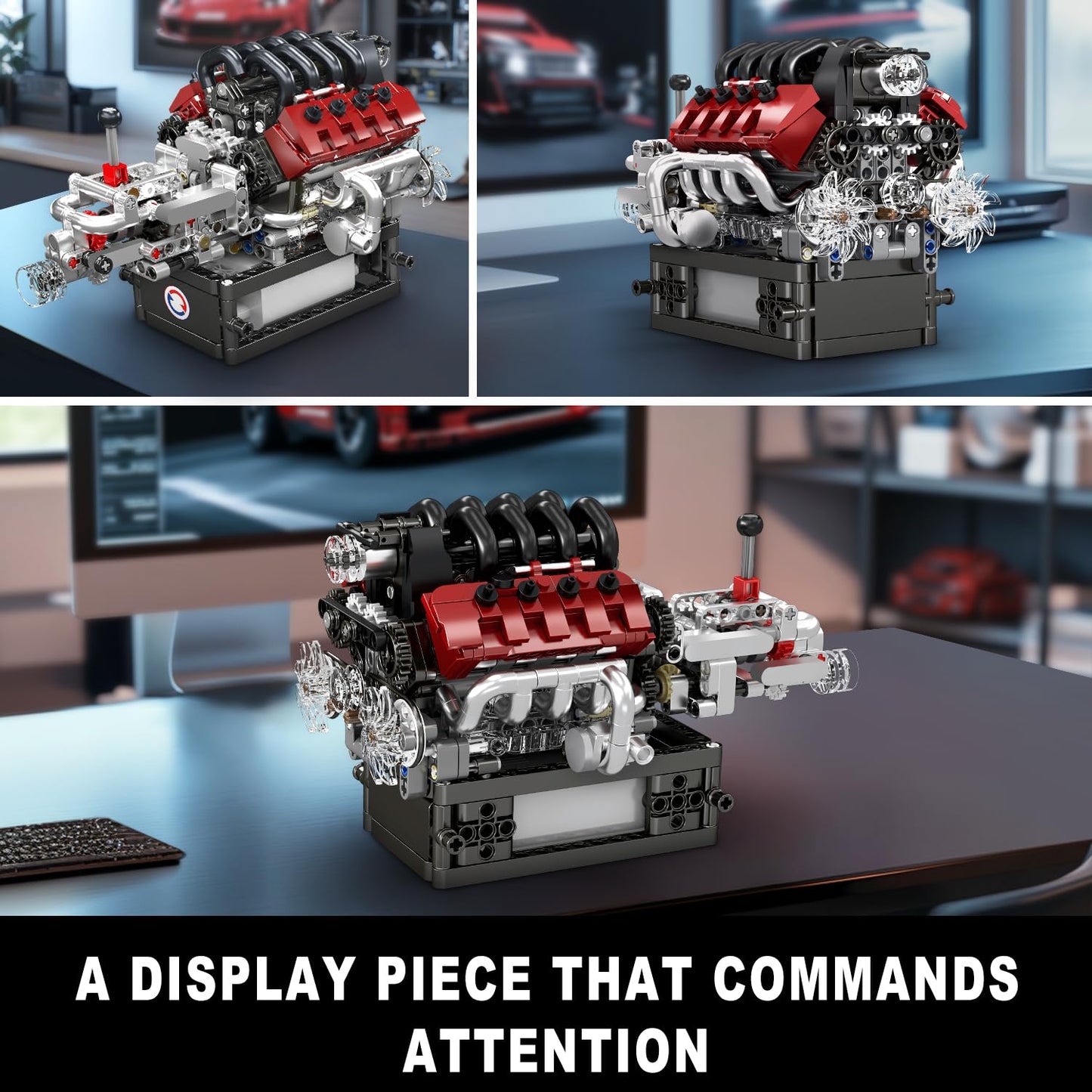 Mould King mini V8 engine for office desk display — collectible automotive building blocks — Freetimejoy