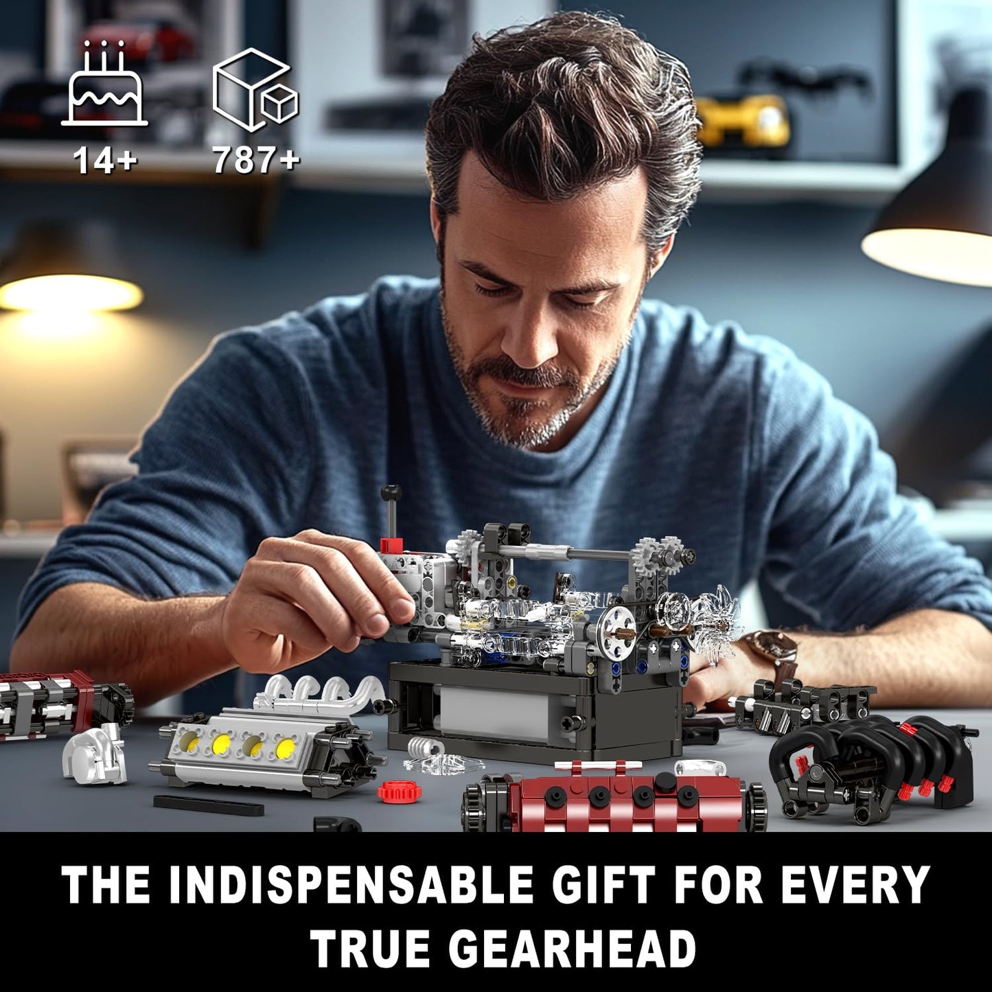 Red V8 engine model with moving pistons and crankshaft — technical engineering toy for adults — Freetimejoy