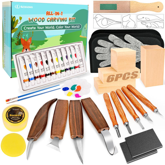 Wood Carving Kit, 44Pcs Wood Carving Tools with 4 Style Templates & 12 Color Paint Set & Bee Wax, Wood Whittling Knives Set 4pcs Whittling Knives & 5pcs Detail Knives for Beginners and Hobbyists