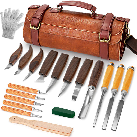 Wood Carving Kit, 20Pcs Wood Carving Tools with Leather Storage Bag, Whittling Kit with 3Pcs Chisels & 8Pcs Whittling Knives & 5 Detail Knives for Beginners and Enthusiasts