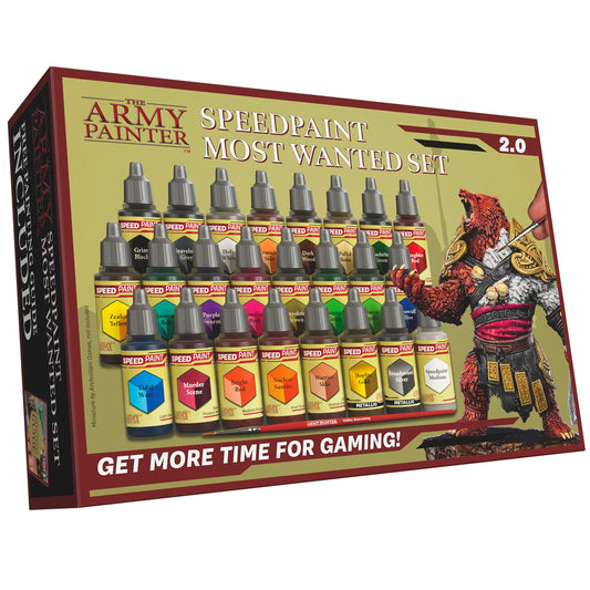 The Army Painter, Speedpaint 2.0, Most Wanted Paint Set, 24 x 18ml Speedpaints incl. 2 metallics, 1 medium & 1 Free Brush For miniature and model painting