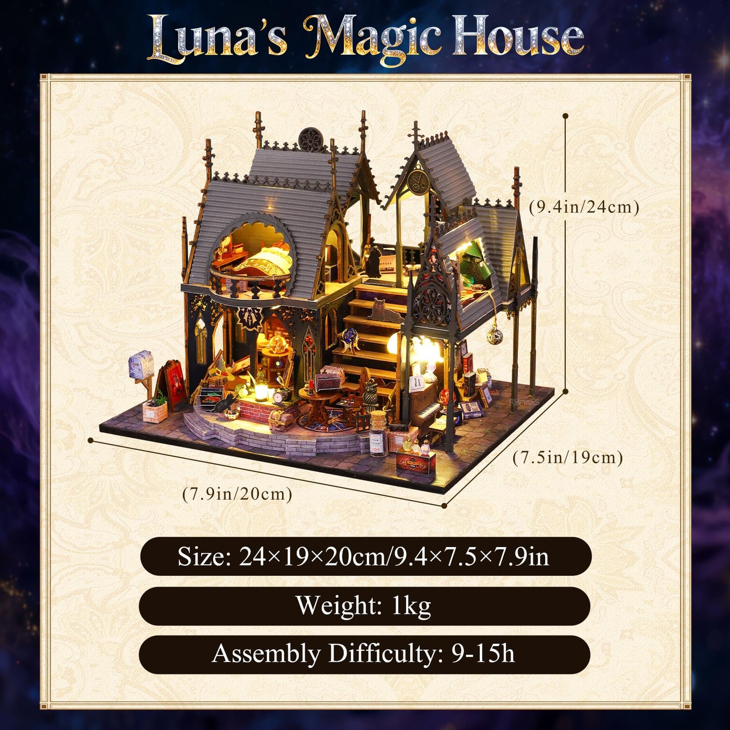 FLYINTOYS DIY Miniature House Kit with LED Light, Mini House Building Kit with Furniture, 3D Wooden Puzzles Dollhouse Bookshelf Insert Decor Kit for Family and Friends (Luna's Magic House)