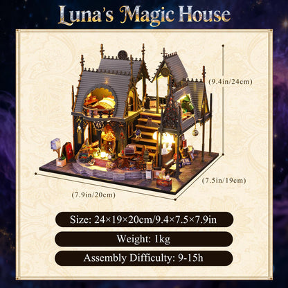 FLYINTOYS DIY Miniature House Kit with LED Light, Mini House Building Kit with Furniture, 3D Wooden Puzzles Dollhouse Bookshelf Insert Decor Kit for Family and Friends (Luna's Magic House)