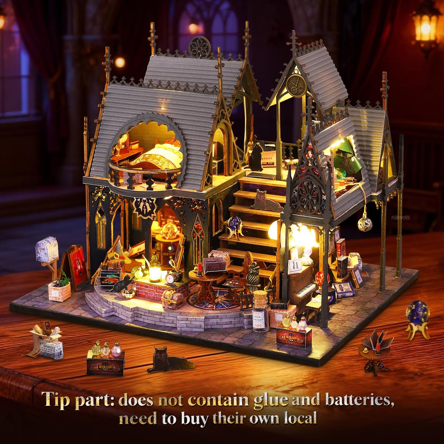 FLYINTOYS DIY Miniature House Kit with LED Light, Mini House Building Kit with Furniture, 3D Wooden Puzzles Dollhouse Bookshelf Insert Decor Kit for Family and Friends (Luna's Magic House)