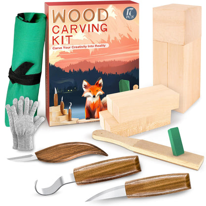 Wood Carving Kit, Whittling Kit for Beginners 17PCS Wood Carving Tools with 3PCS Whittling Knife 9PCS Basswood Blocks & Gloves & Strop Block & Polishing Compound Wood Carving Set Hobbies for Adults