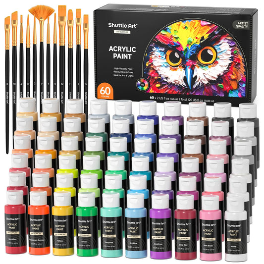 72 Pack Acrylic Paint Set, Shuttle Art 60 Colors Acrylic Paint Including Extra White Black & 12 Brushes, 2oz/60ml, Rich Pigmented, Water Proof, Ideal for Artists, Beginners on Canvas Rock Wood Ceramic