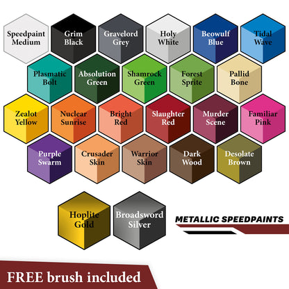 The Army Painter, Speedpaint 2.0, Most Wanted Paint Set, 24 x 18ml Speedpaints incl. 2 metallics, 1 medium & 1 Free Brush For miniature and model painting