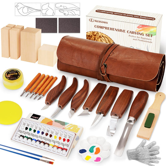 Wood Carving Kit, 46Pcs Wood Carving Tools with 6pcs Whittling Knives & 5pcs Detail Knives &12 Color Paint Set & Beewax, Whittling Kit for Beginners and Enthusiasts