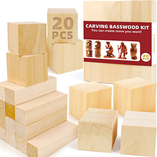 Basswood Carving Blocks, 20PCS Whittling Wood Blocks Kit with 2 Different Sizes, Bass Wood for Carving Easy to Use, for Kids and Adults