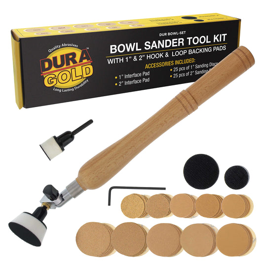 Dura-Gold Woodturning Bowl Sander Tool Kit - 1" & 2" Hook & Loop Backing Pads, 50 Sanding Discs (60 to 320 Grit), Dual Bearing, Hardwood Handle, 1/4" Mandrel, Sandpaper Woodworking