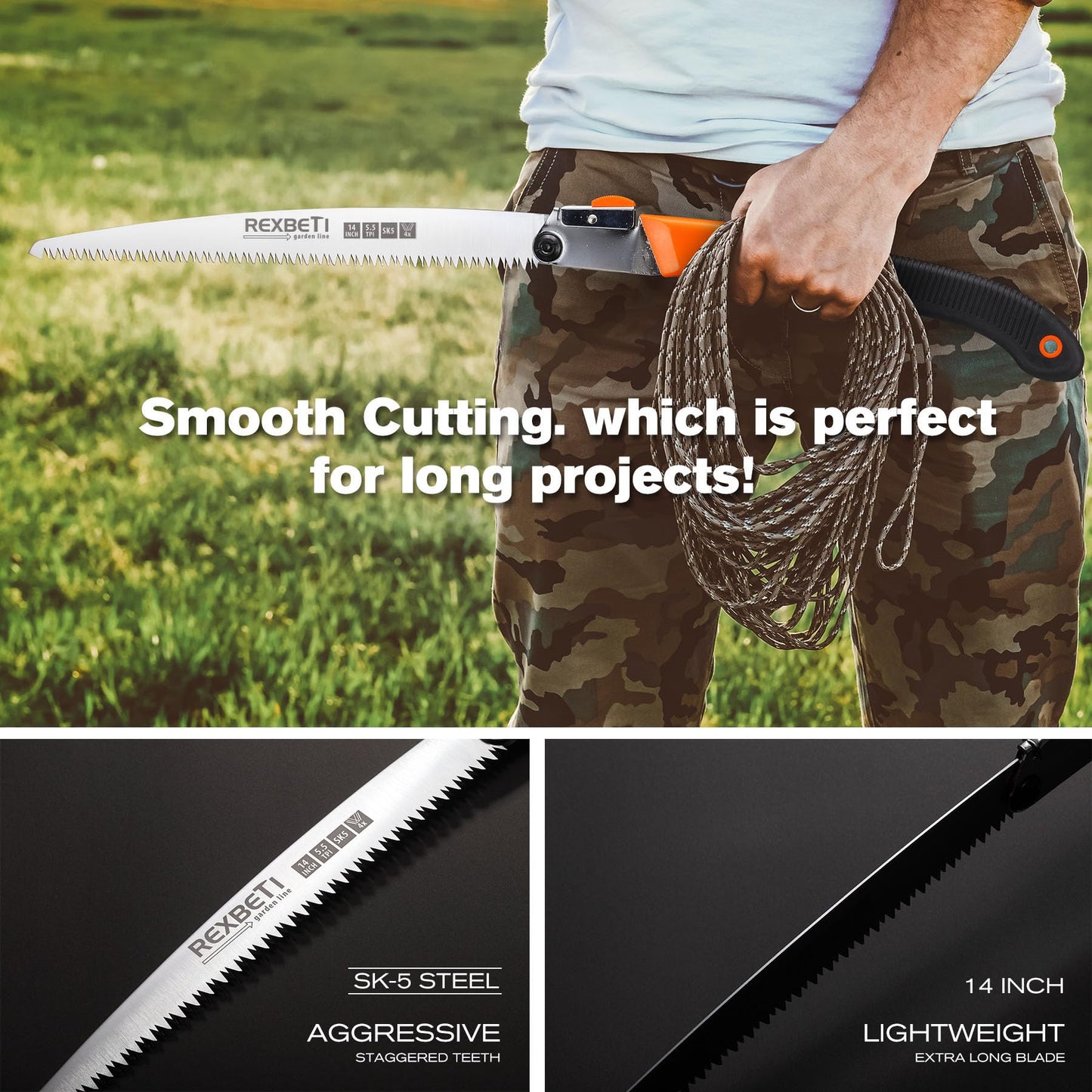 REXBETI Folding Saw, Extra Long 14 Inch Blade Backpacking Saws for Hiking Camping, Dry Wood Trimming Pruning Saw With 4 Cutting Angle Hard Teeth, Large Garden Saws with SK-5 Steel