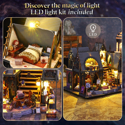 FLYINTOYS DIY Miniature House Kit with LED Light, Mini House Building Kit with Furniture, 3D Wooden Puzzles Dollhouse Bookshelf Insert Decor Kit for Family and Friends (Luna's Magic House)