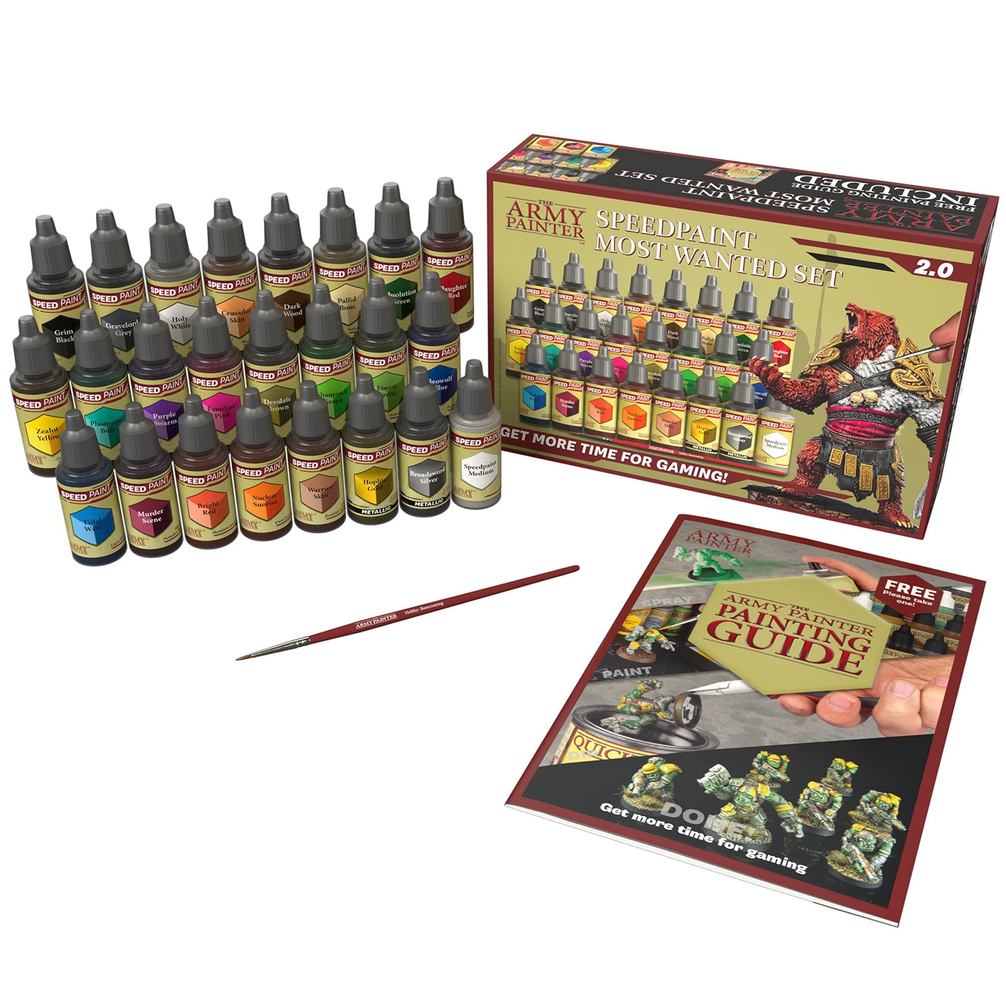 The Army Painter, Speedpaint 2.0, Most Wanted Paint Set, 24 x 18ml Speedpaints incl. 2 metallics, 1 medium & 1 Free Brush For miniature and model painting