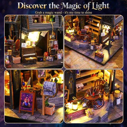 FLYINTOYS DIY Miniature House Kit with LED Light, Mini House Building Kit with Furniture, 3D Wooden Puzzles Dollhouse Bookshelf Insert Decor Kit for Family and Friends (Luna's Magic House)