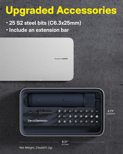 HOTO Electric Screwdriver Kit, Upgraded 1/4'' Hex 25 Bits, Magnetic Lid, Rechargeable Cordless Screwdriver, 3 Torque Settings, 1500mAh Battery, LED Light, Ideal for Assembling Furniture, Home Repair