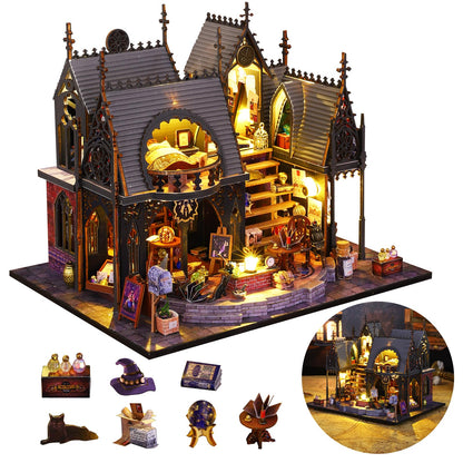 FLYINTOYS DIY Miniature House Kit with LED Light, Mini House Building Kit with Furniture, 3D Wooden Puzzles Dollhouse Bookshelf Insert Decor Kit for Family and Friends (Luna's Magic House)